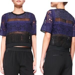 Rebecca Taylor lace silk sheer panel patchwork mesh zip back 1/2 sleeve tee sz 4